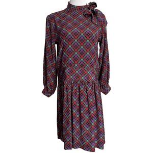 Vintage 1980s Albert Nipon Boutique Plaid Long Sleeve Drop Waist Silk Dress